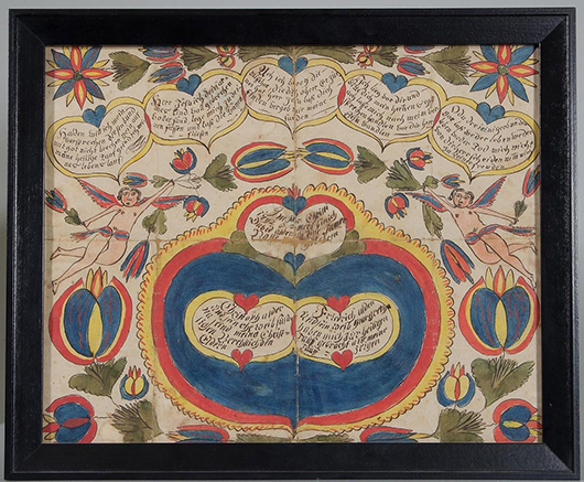 In watercolor and ink on paper, an elaborate and brightly colored birth and baptismal record for David Alder, born March 2, 1792, is decorated with angels, hearts and floral devices. Attributed to Joseph Lochbaum – ‘The Nine Hearts Artist’ - active 1799-1806 in Cumberland County, Pennsylvania, the fraktur sold for $3,220 last year at Jeffrey S. Evans & Associates.